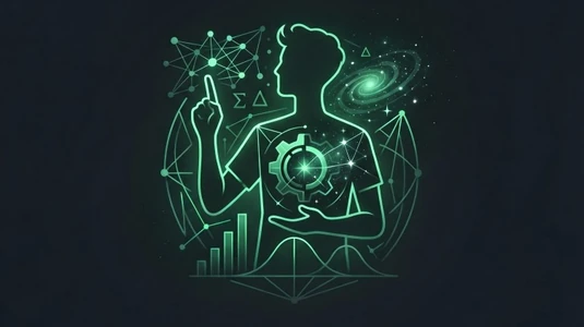 Ilustração de uma pessoa cercada por rede neural, galáxia e gráfico de dados, representando o tema do Radar da Superdotação