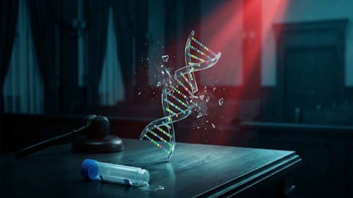 Hélice de DNA se partindo em cacos de vidro sobre a mesa de um tribunal, ao lado de um martelo de juiz e de um tubo de coleta de saliva