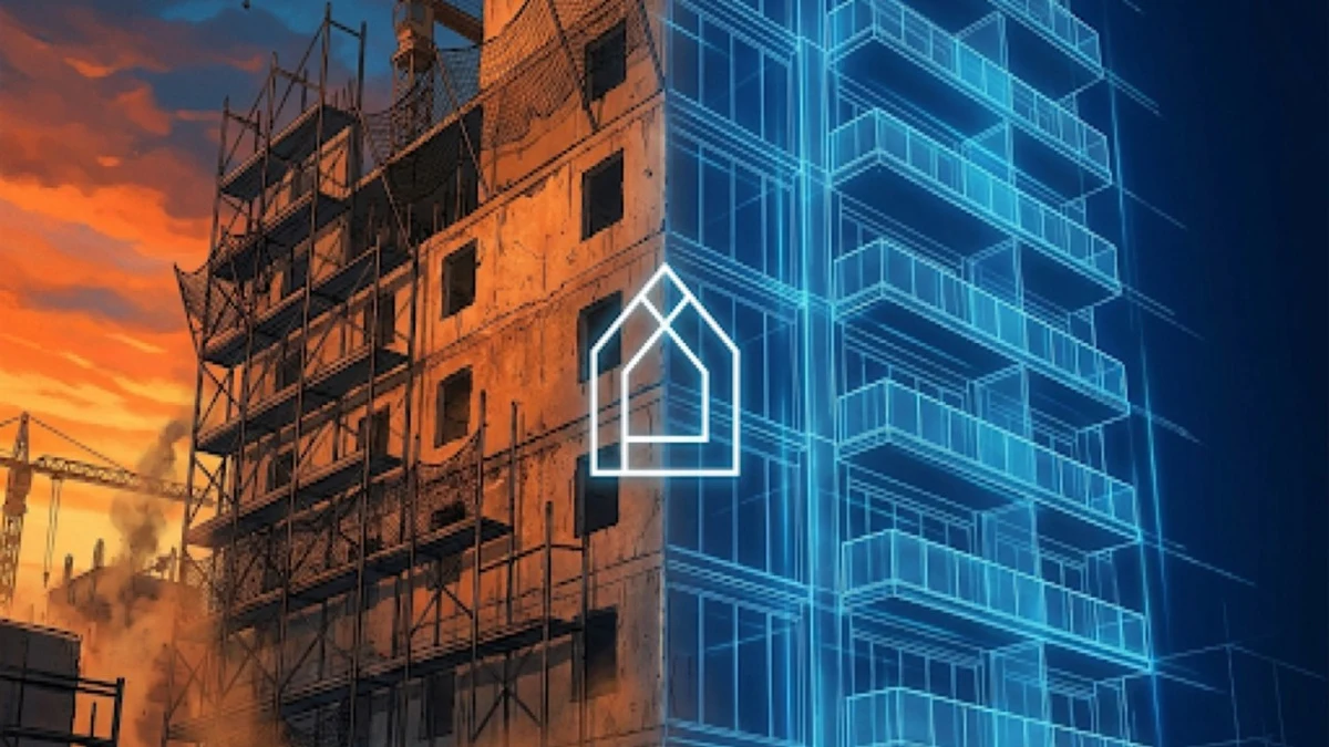 Ilustração de um prédio em obras, metade em tons de incêndio e metade como uma planta arquitetônica azul translúcida, com o ícone de uma casa ao centro