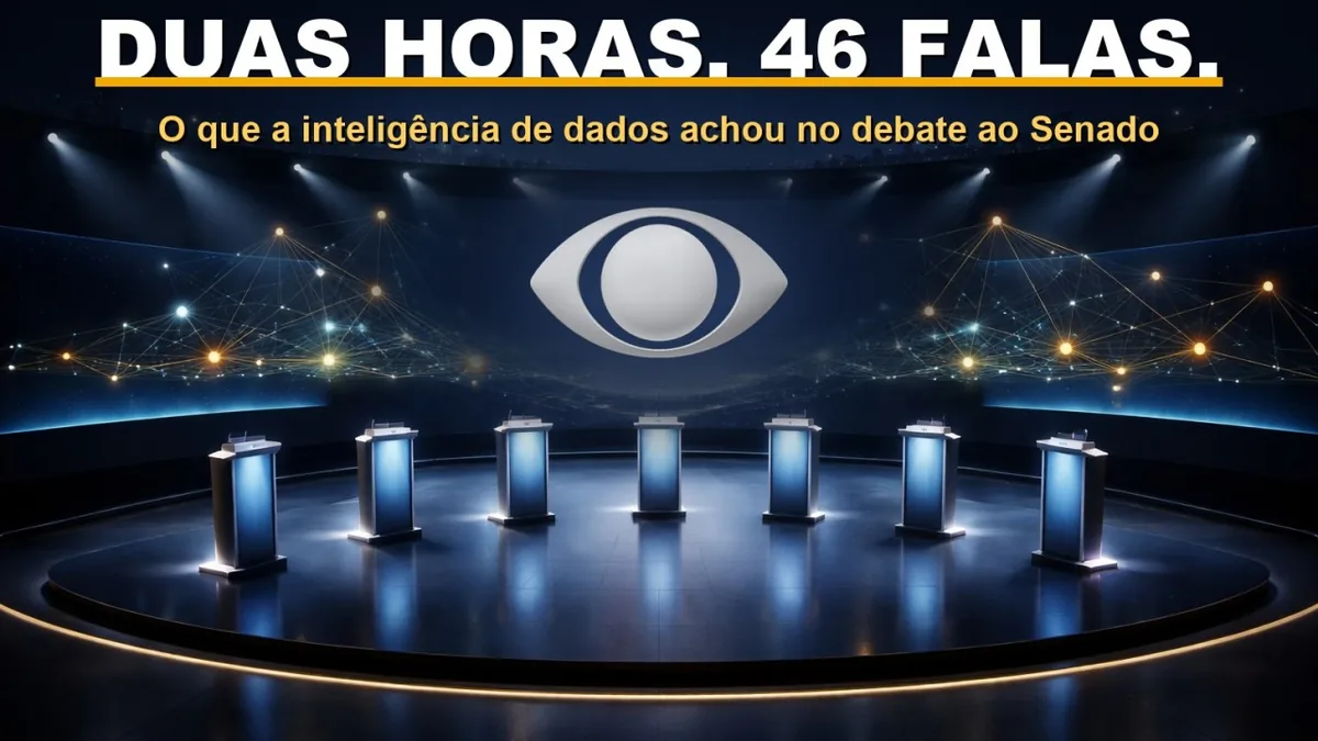 Ilustração do palco de um debate de TV com sete púlpitos e uma rede de conexões luminosas ao fundo