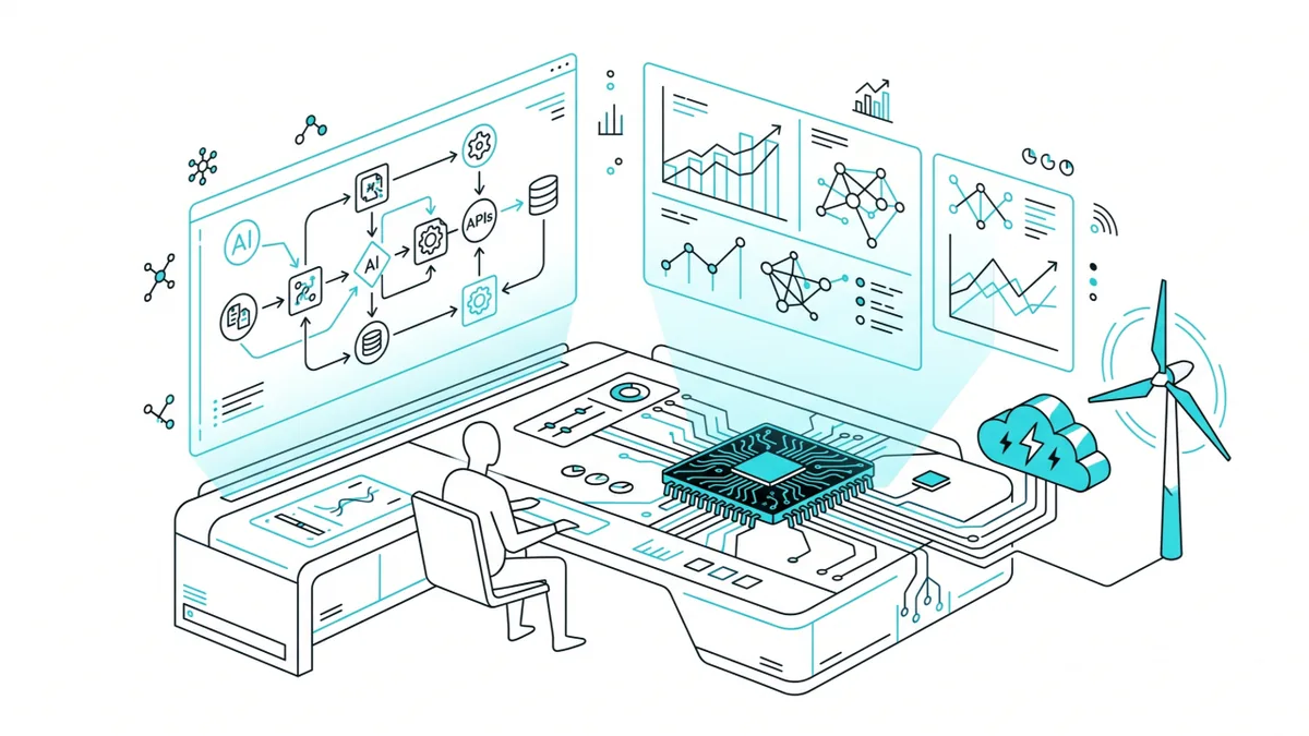 Ilustração de um cérebro de IA apoiado em data centers e linhas de energia