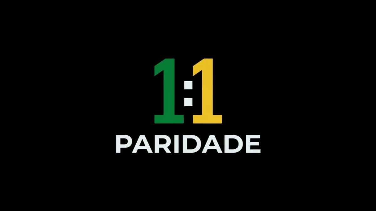 Logomarca do projeto Paridade 1:1, em verde e amarelo sobre fundo preto