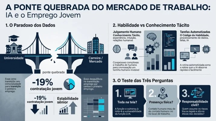 Infográfico de A Ponte Quebrada do Mercado de Trabalho: Como a Inteligência Artificial Está Eliminando a Porta de Entrada das Profissões Tradicionais