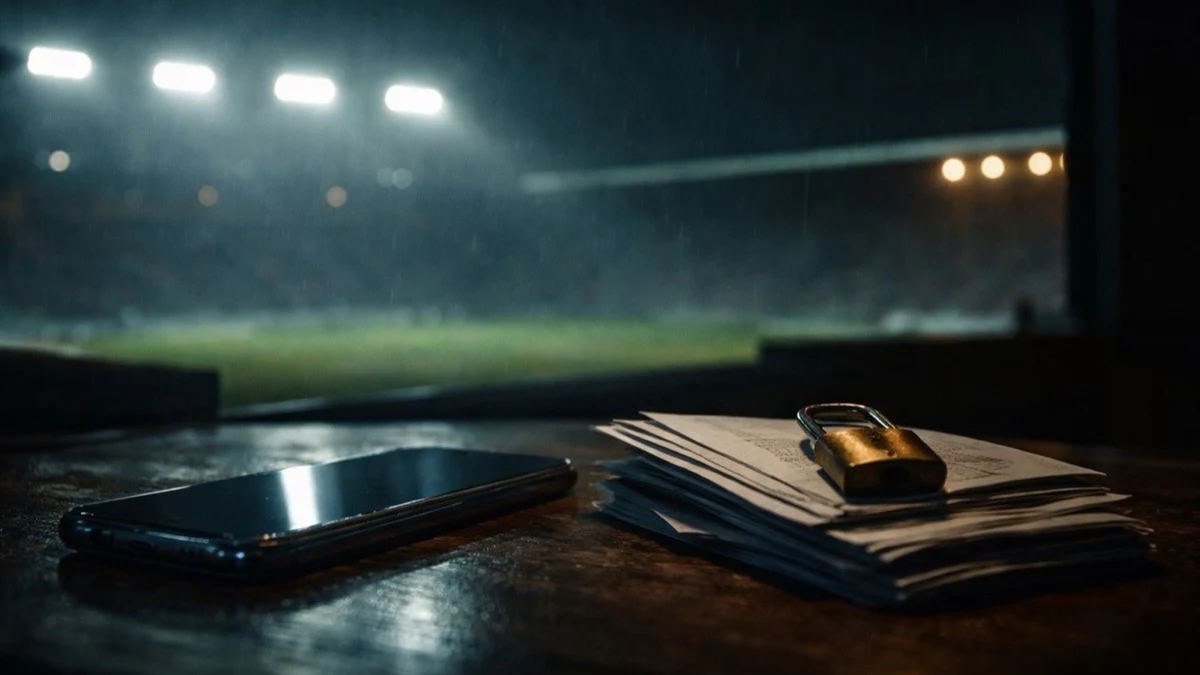 Um celular e uma pilha de documentos com um cadeado sobre a mesa, com um campo de futebol iluminado e vazio ao fundo, sob chuva