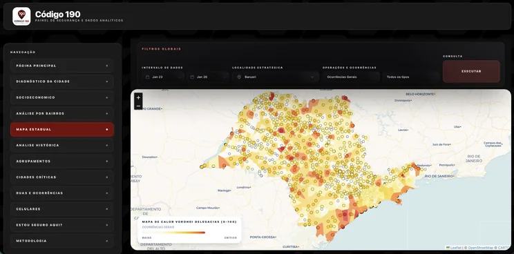 Tela do painel Código 190, com o mapa de calor da violência em São Paulo
