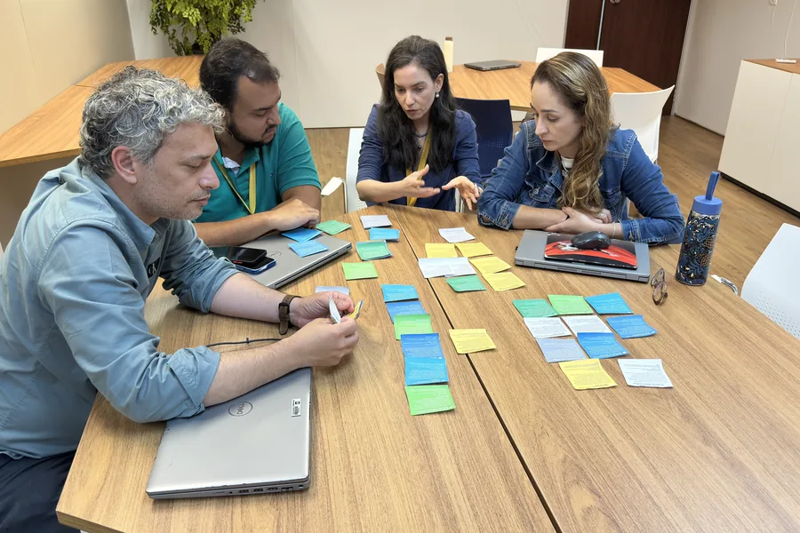 Grupo discutindo um quadro com o título Componentes do Pensamento Analítico
